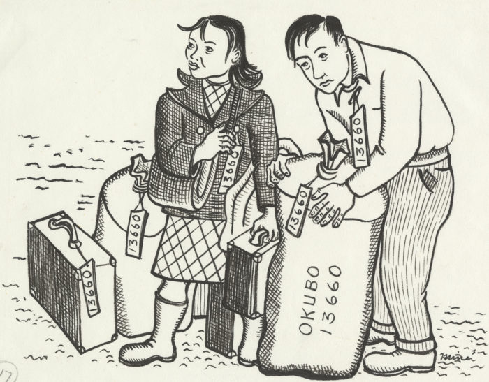 Drawing [Miné and Benji standing with their luggage, Berkeley, California, 1942], Miné Okubo. Japanese American National Museum]