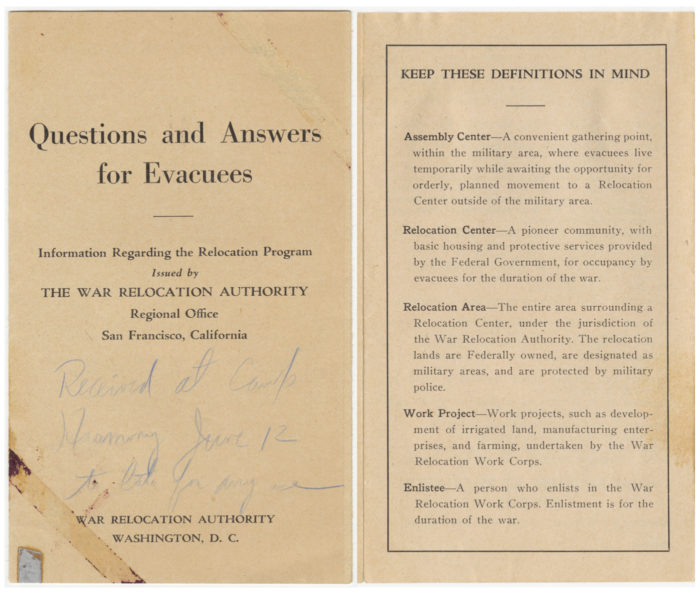 “Questions and Answers for Evacuees: Information Regarding the Relocation Program” pamphlet, 1942