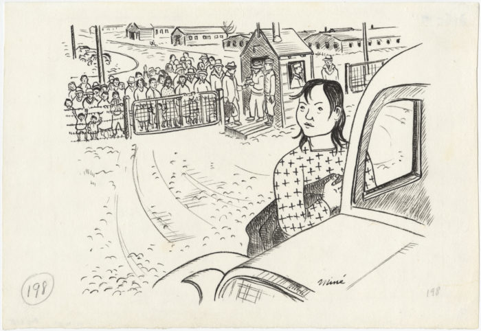 Miné Okubo, Untitled (Boarding the bus to leave camp, Central Utah Relocation Project, Topaz, Utah, 1942–1944), n.d., ink on paper