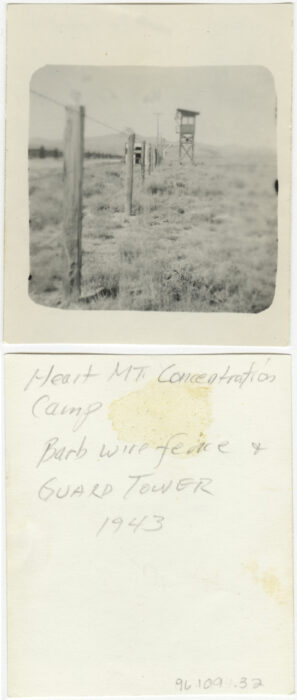 photo front and back, Heart Mt. Concentration Camp, Barb wire fence & guard tower, 1943