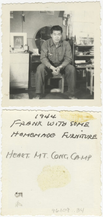 front and back of photo: 1944 Frank with some homemade furniture, Heart Mt. Conc. Camp