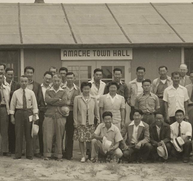 Amache Community Council in front of the Town Hall building at the Amache concentration camp.